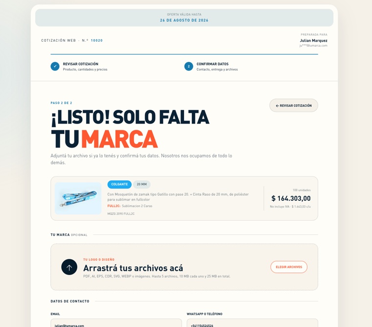 Carga de marca y confirmación de datos en una cotización web de ejemplo